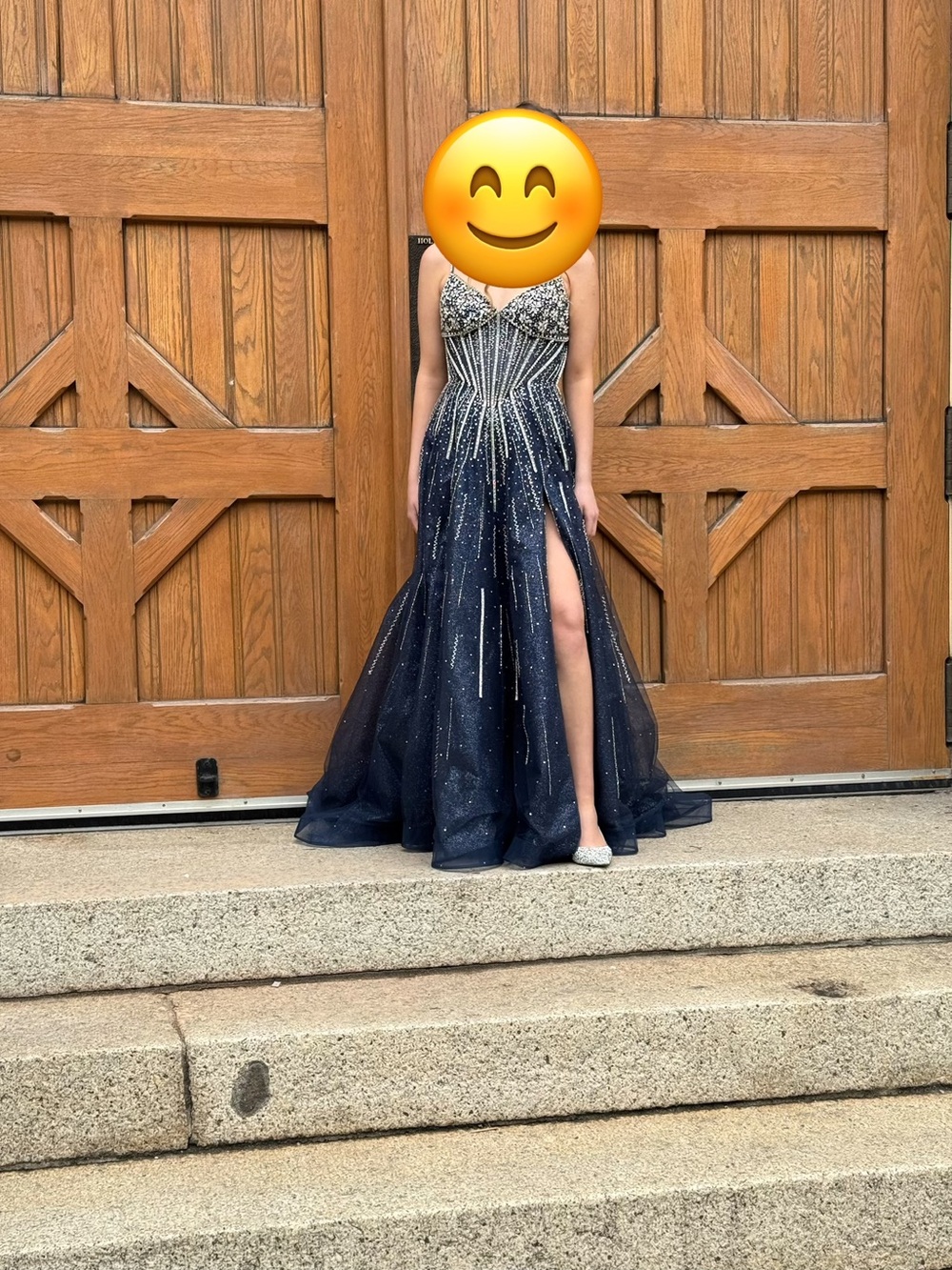 Alyce Paris Navy Glitter Beaded Prom Gown with High Slit